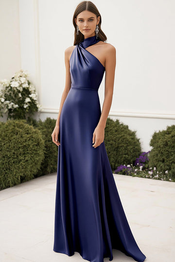 Robe longue formelle en satin bleu marine dos nu